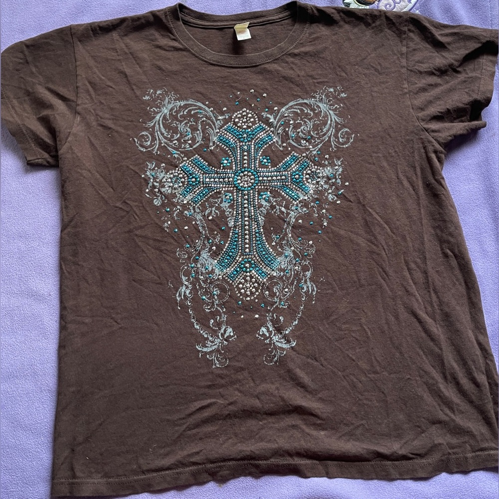 Brown bedazzled mid-length top